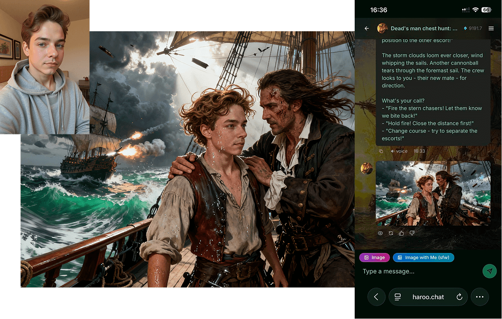 User and AI character together in an adventurous AI-generated scene
