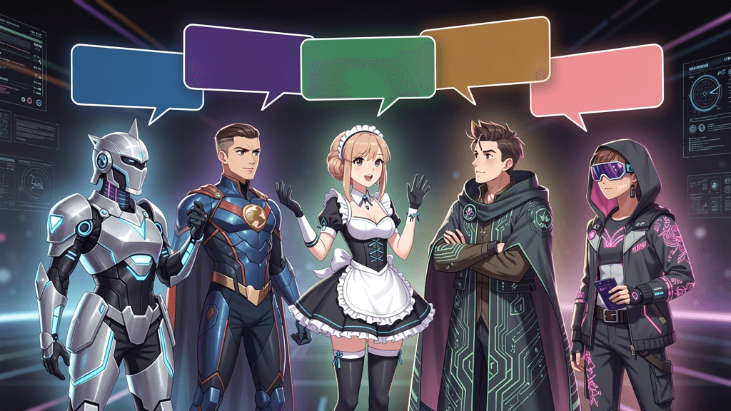 Multiple AI characters in a vibrant group conversation with color-coded speech bubbles